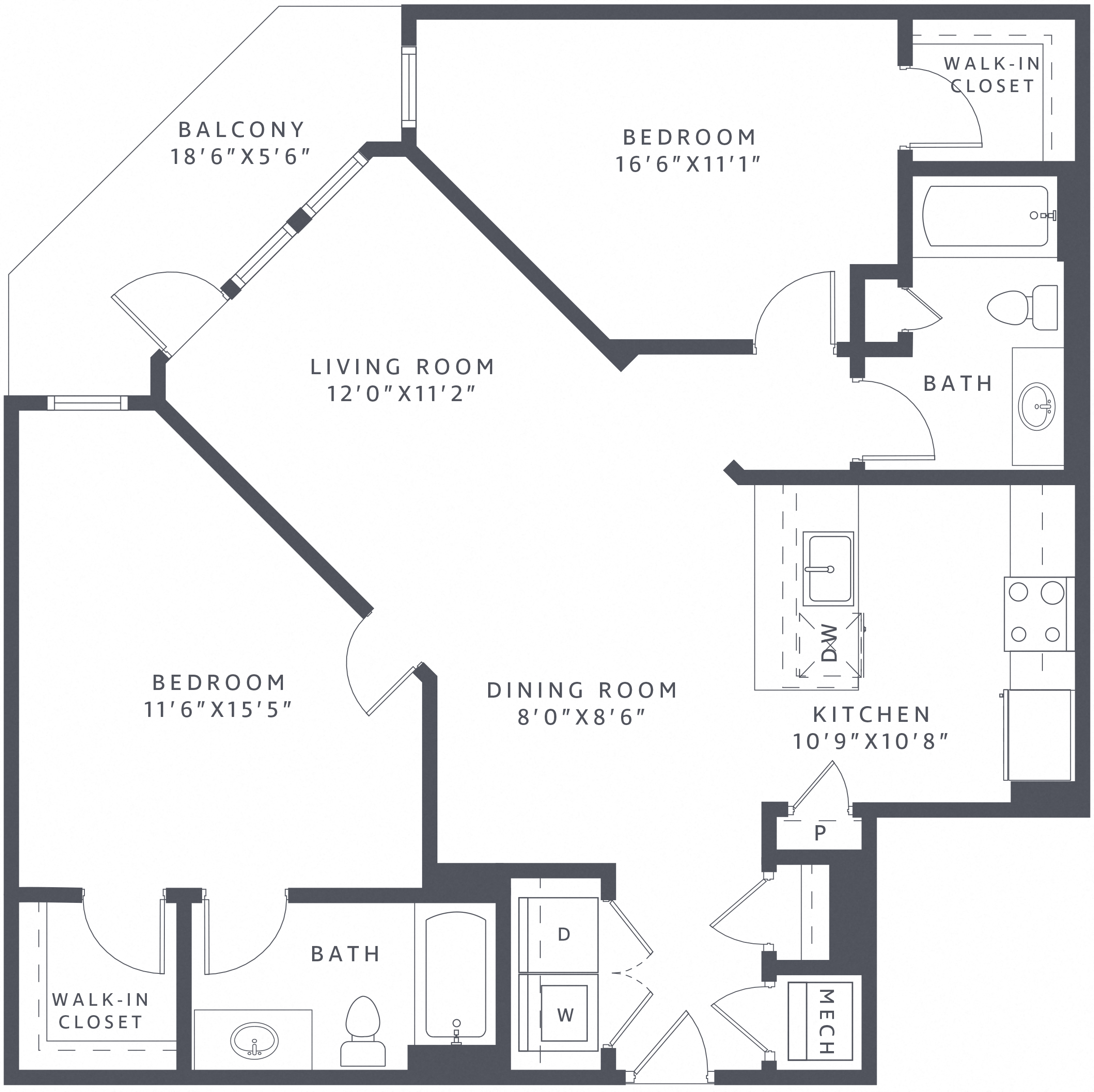 Floor plan for 2 beds, 2 baths, 1136 sqft