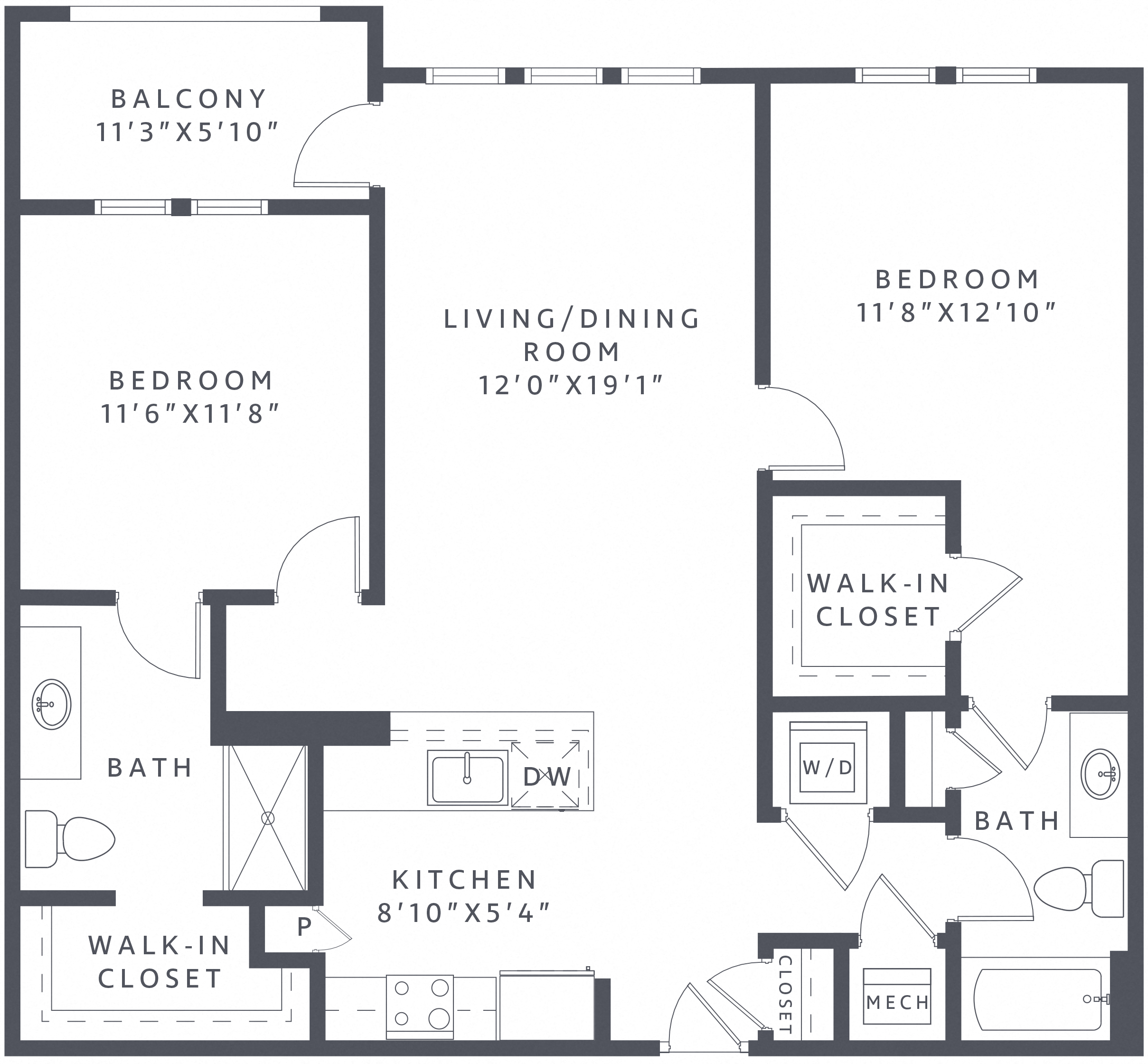 Floor plan for 2 beds, 2 baths, 1137 sqft