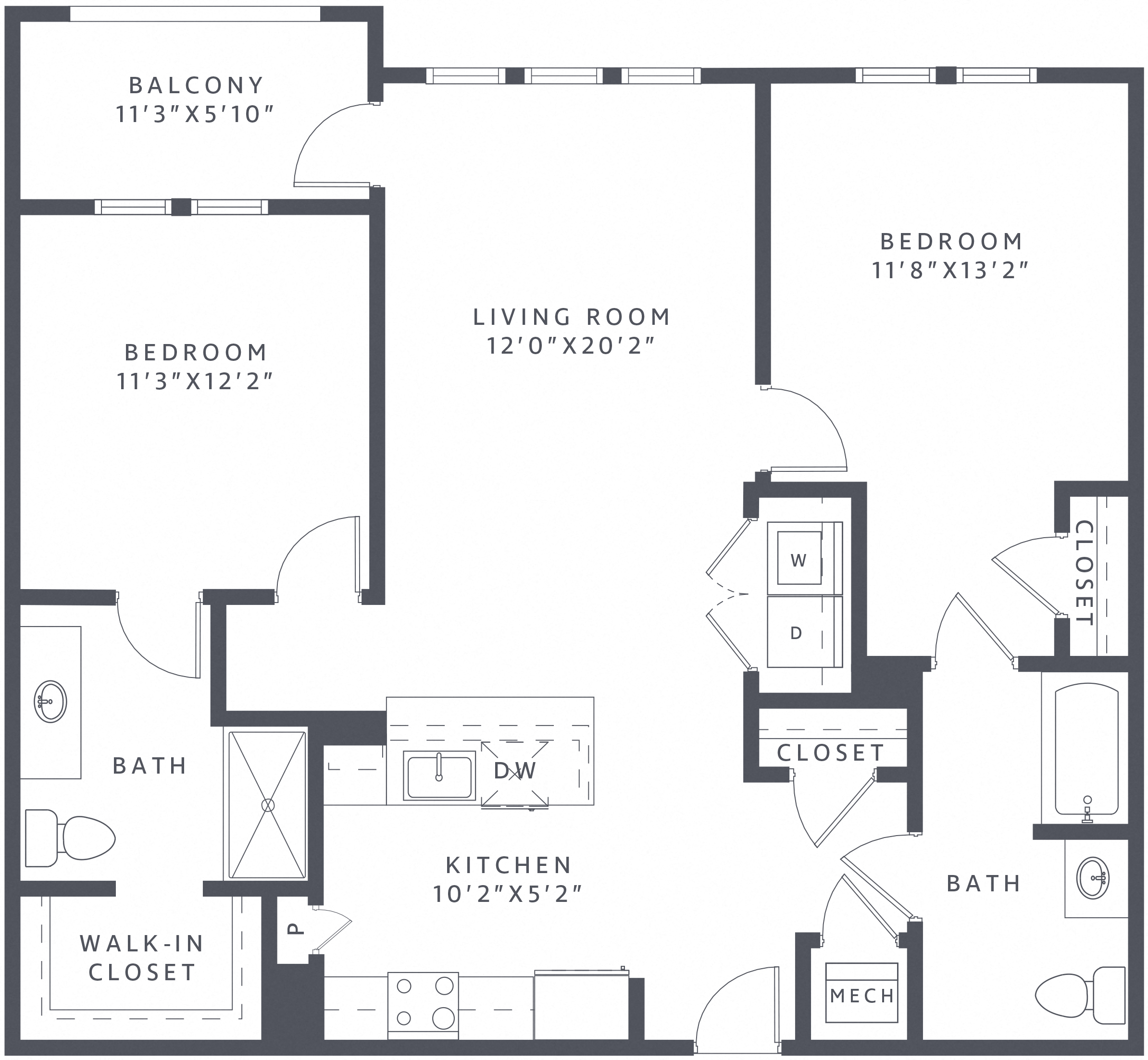 Floor plan for 2 beds, 2 baths, 1137 sqft