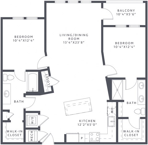 Floor plan for 2 beds, 2 baths, 1152 sqft