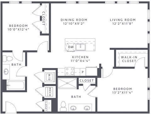 Floor plan for 2 beds, 2 baths, 1161 sqft