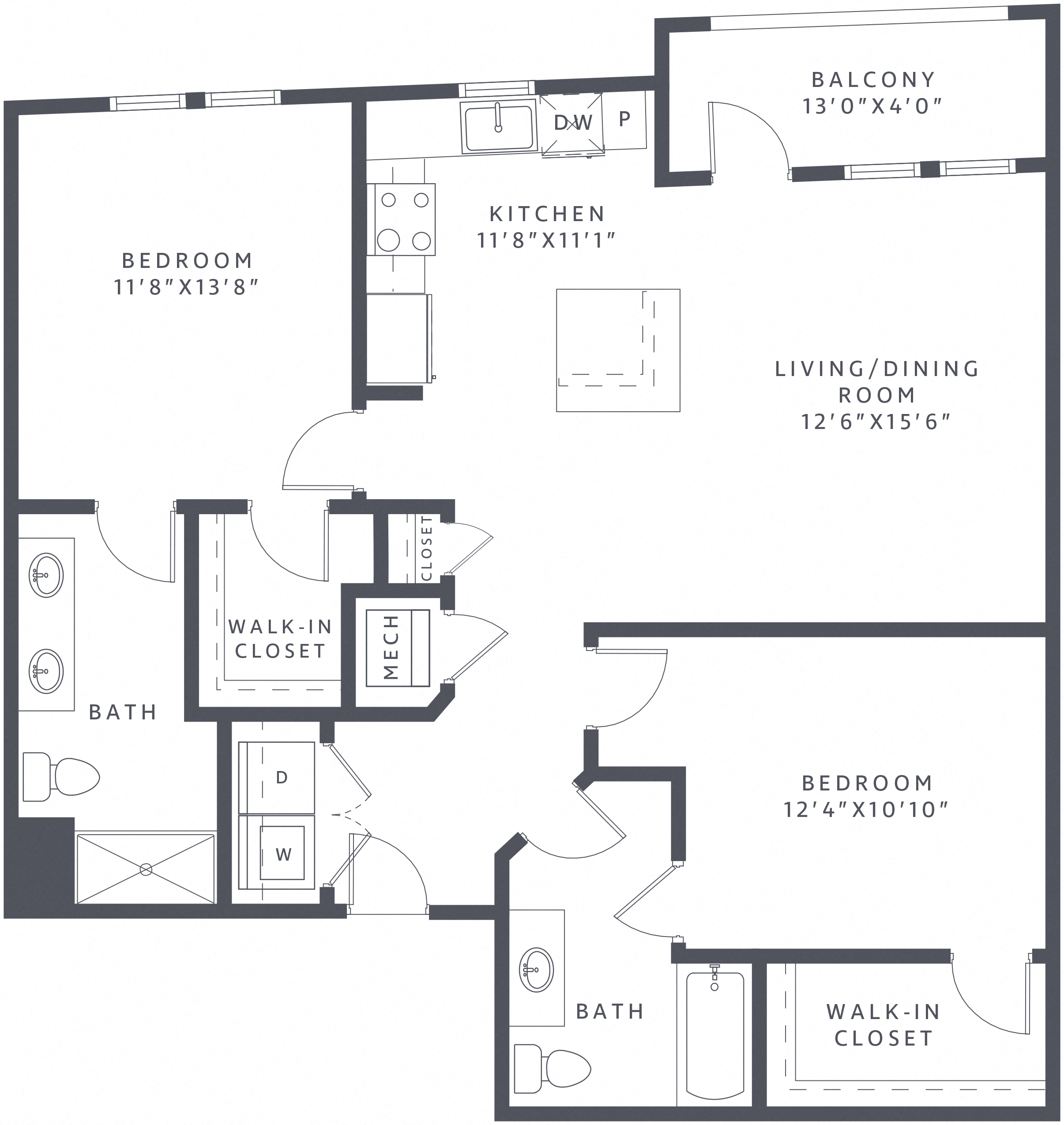 Floor plan for 2 beds, 2 baths, 1171 sqft