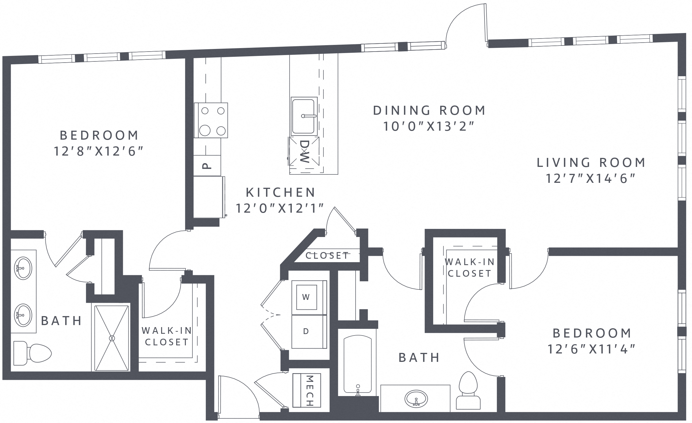 Floor plan for 2 beds, 2 baths, 1257 sqft