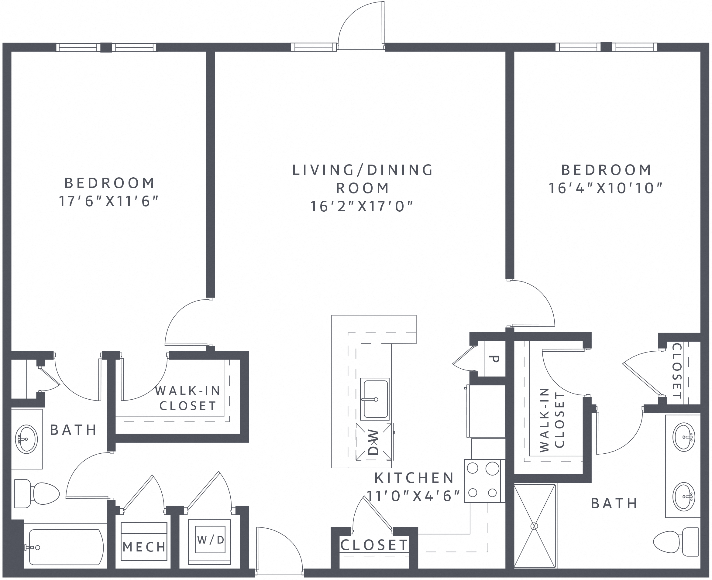 Floor plan for 2 beds, 2 baths, 1165 sqft