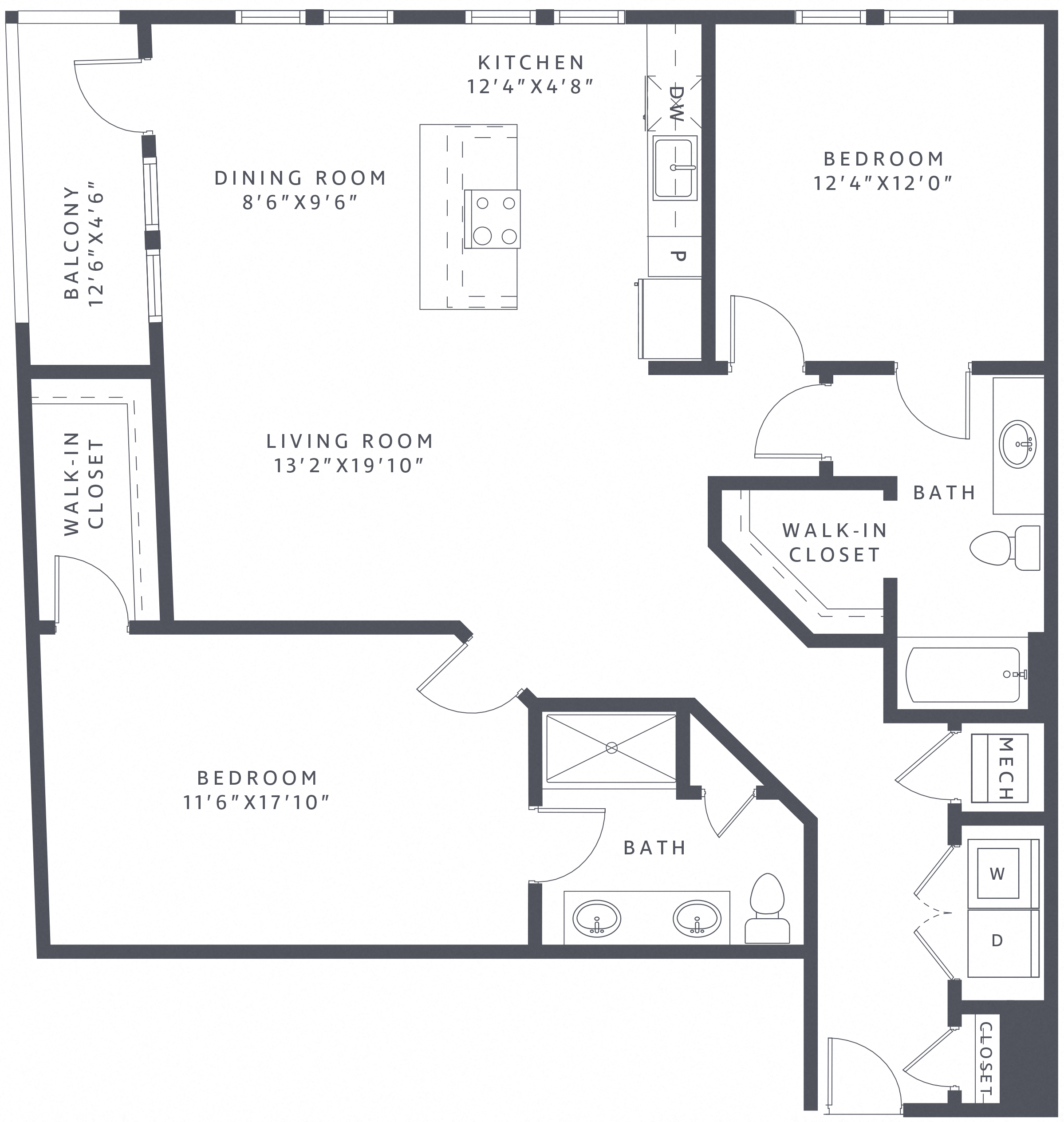 Floor plan for 2 beds, 2 baths, 1312 sqft