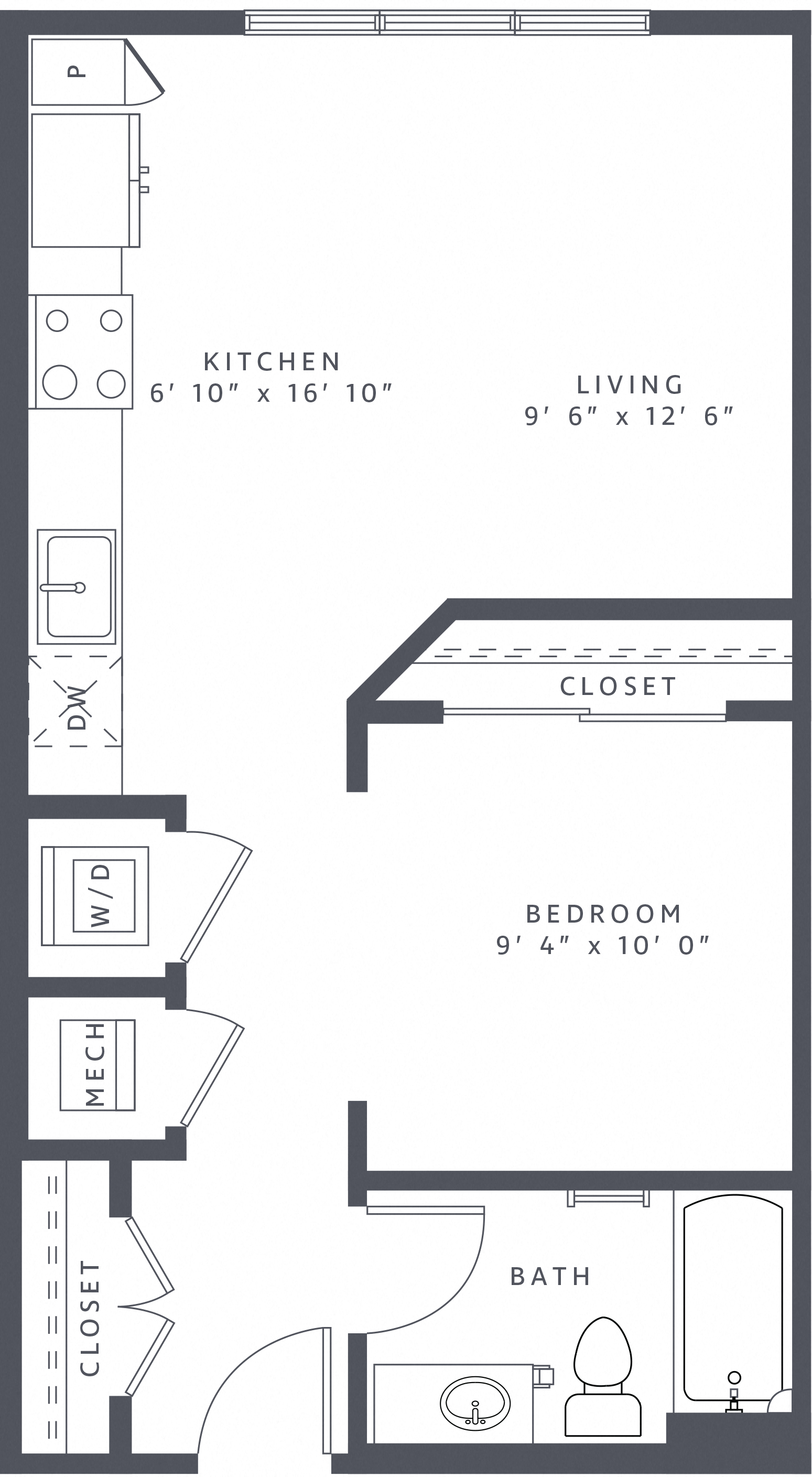 Floor plan for studio, 1 bath, 581 sqft