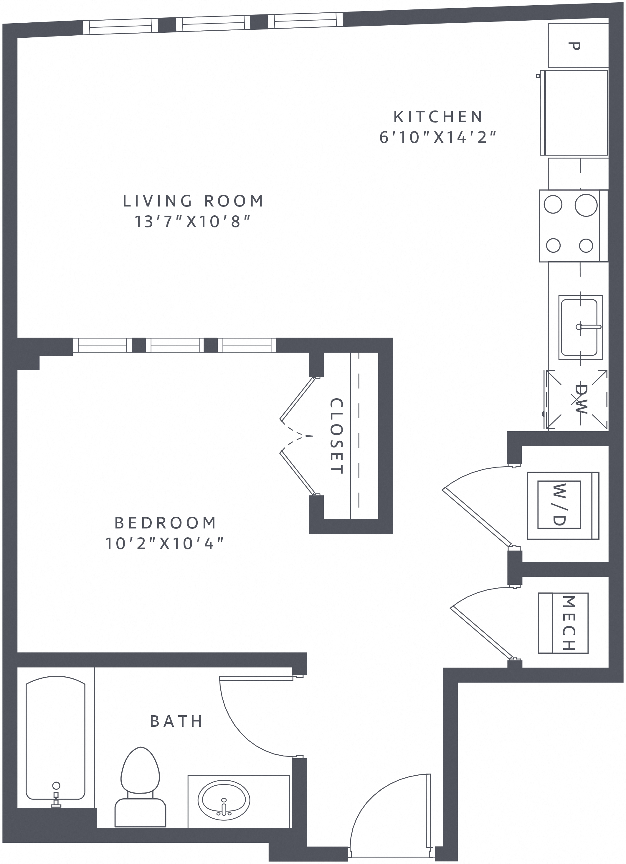 Floor plan for studio, 1 bath, 584 sqft