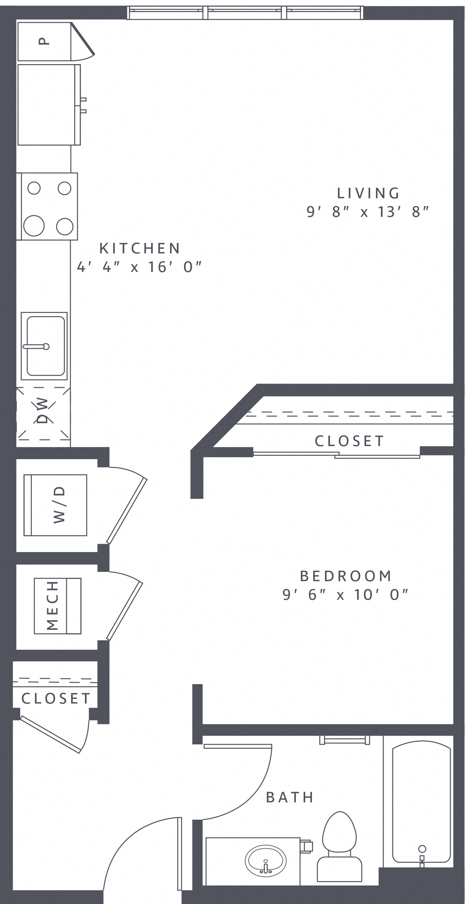 Floor plan for studio, 1 bath, 586 sqft