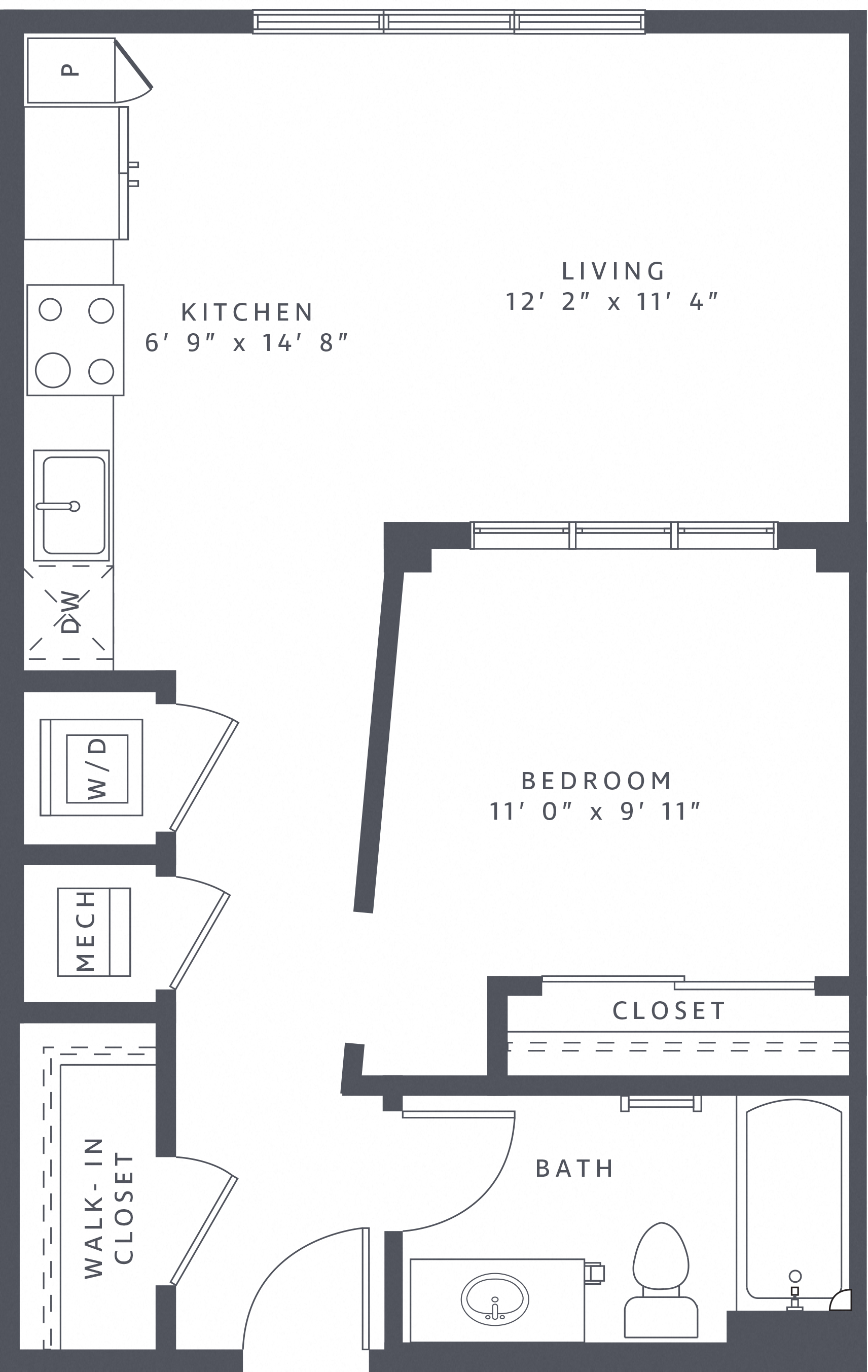 Floor plan for studio, 1 bath, 620 sqft
