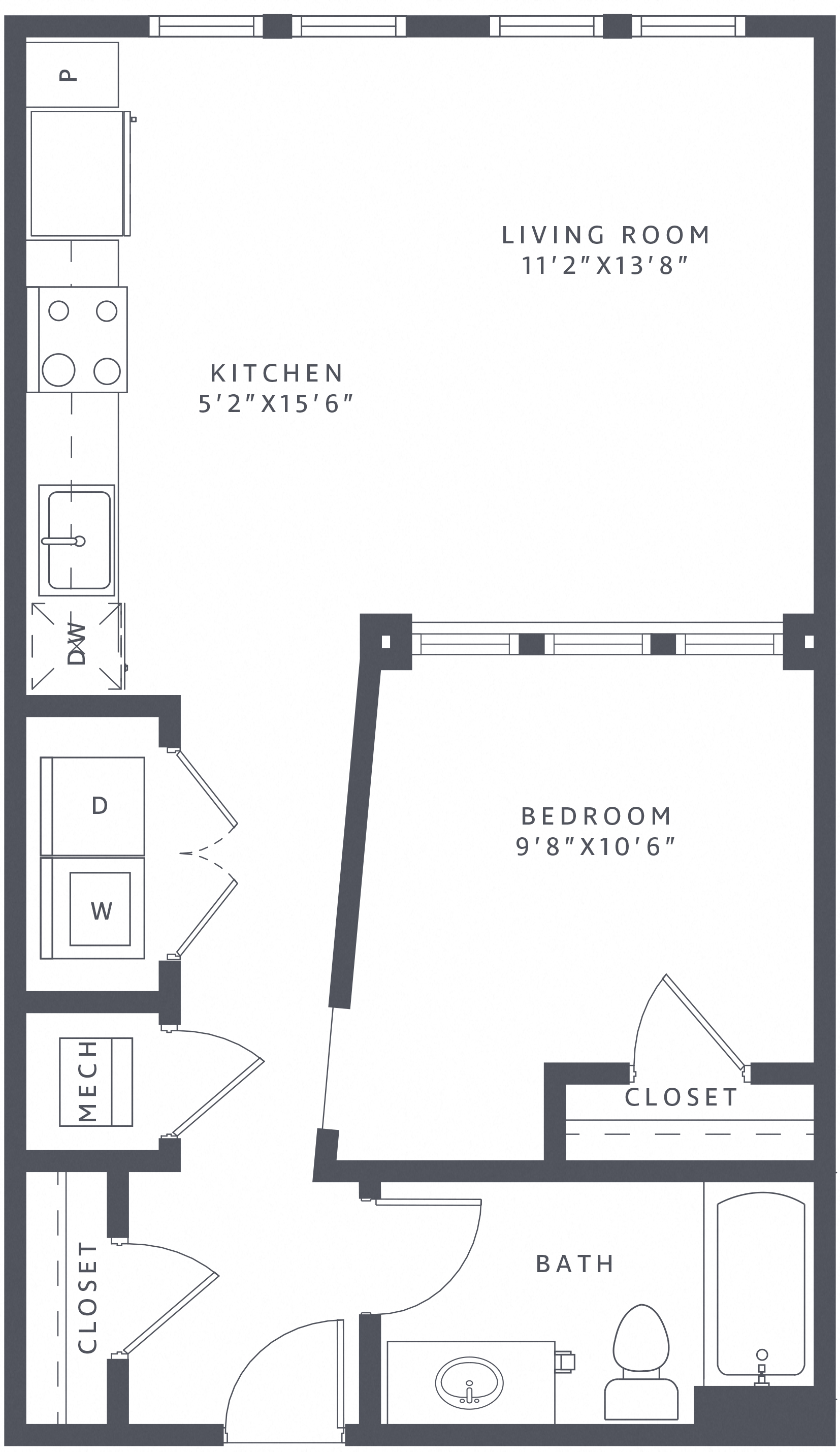 Floor plan for studio, 1 bath, 653 sqft