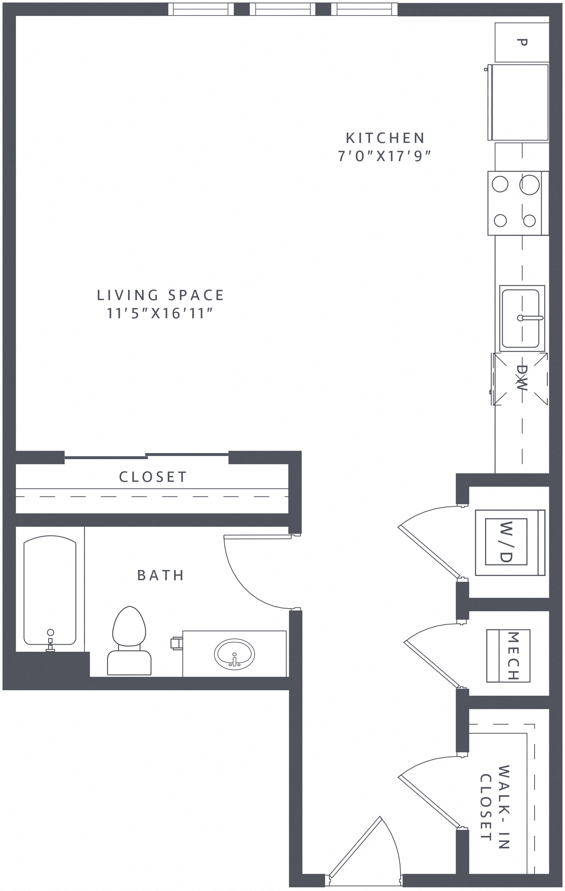Floor plan for studio, 1 bath, 655 sqft