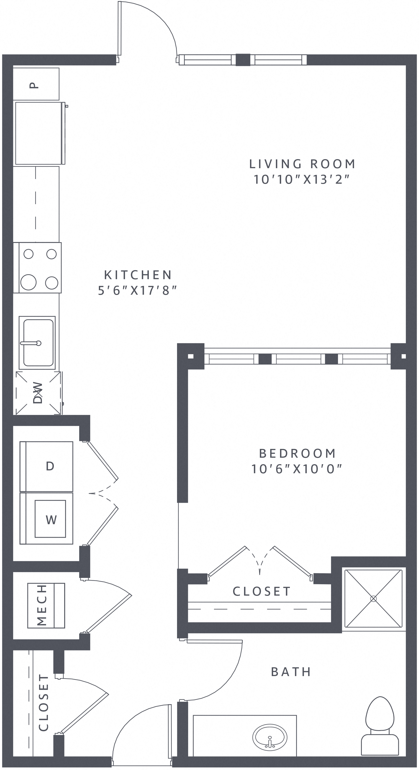 Floor plan for studio, 1 bath, 653 sqft