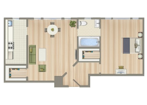 Floor plan for 1 bed, 1 bath, 745 sqft