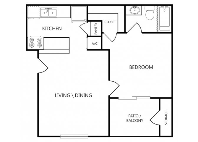 Floor plan for 1 bed, 1 bath, 514 sqft