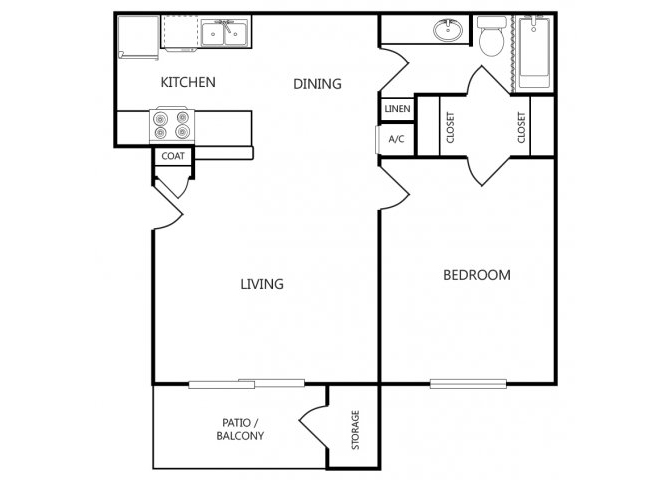 Floor plan for 1 bed, 1 bath, 641 sqft