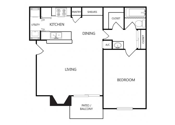 Floor plan for 1 bed, 1 bath, 758 sqft
