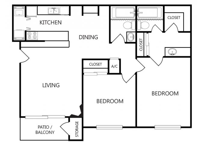 Floor plan for 2 beds, 2 baths, 944 sqft