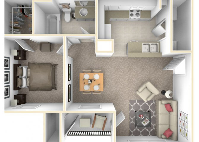 Floor plan for 1 bed, 1 bath, 680 sqft