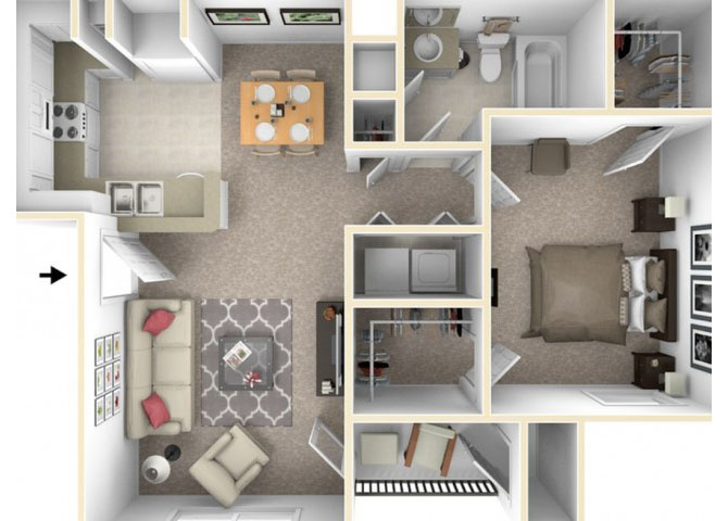 Floor plan for 1 bed, 1 bath, 735 sqft