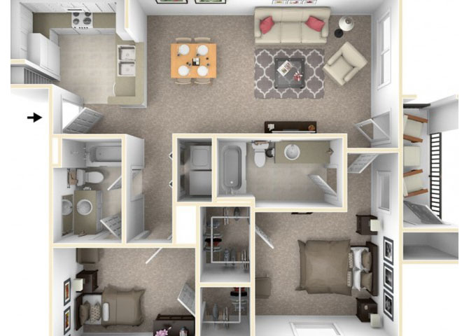 Floor plan for 2 beds, 2 baths, 987 sqft