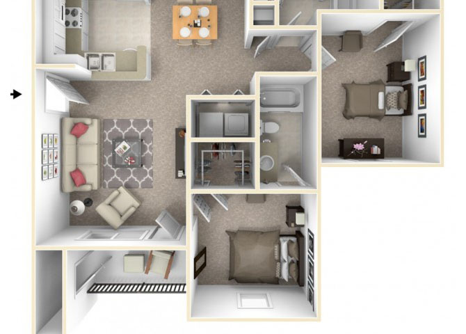 Floor plan for 2 beds, 2 baths, 987 sqft