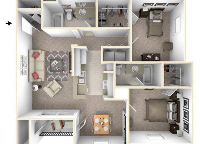 Floor plan for 2 beds, 2 baths, 1107 sqft