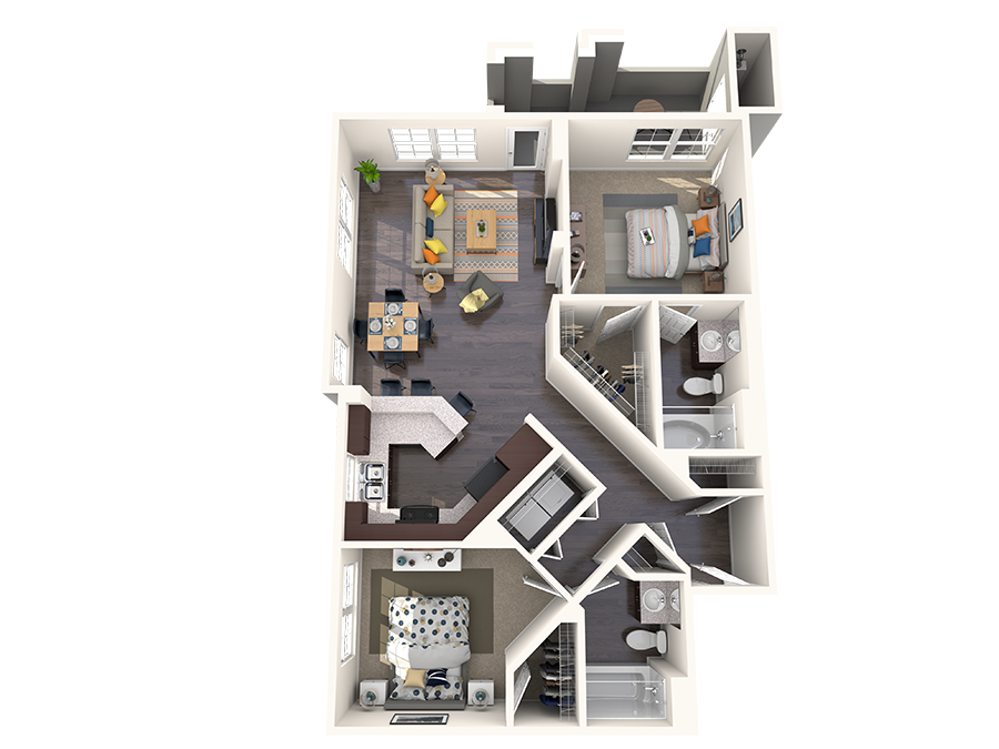 Floor plan for 2 beds, 2 baths, 961 sqft