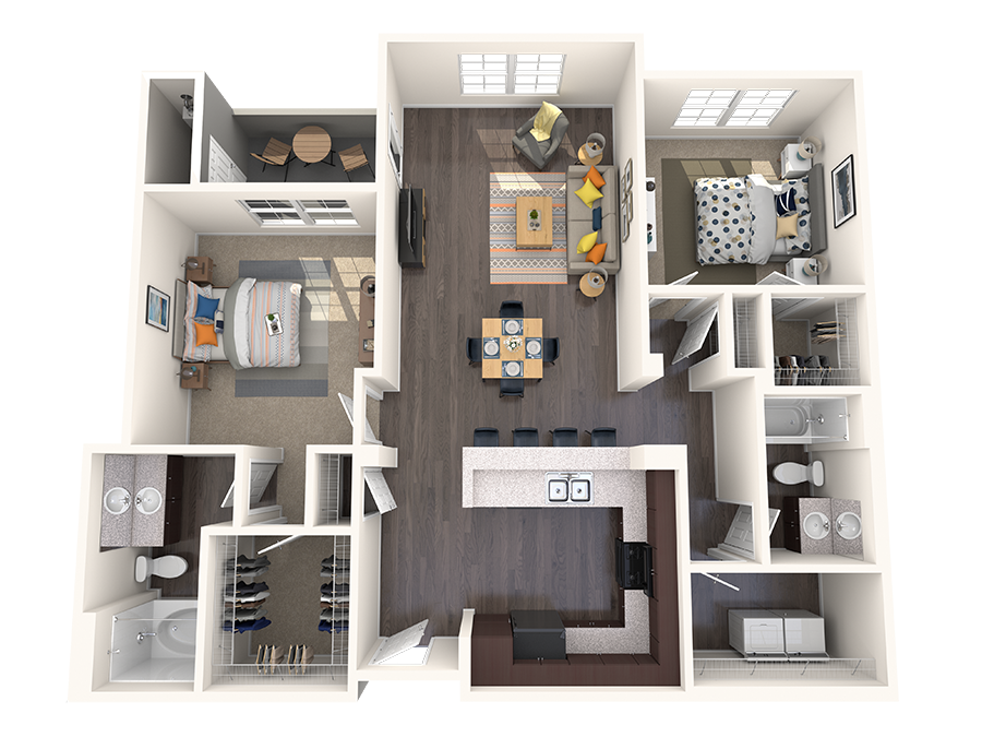 Floor plan for 2 beds, 2 baths, 1142 sqft