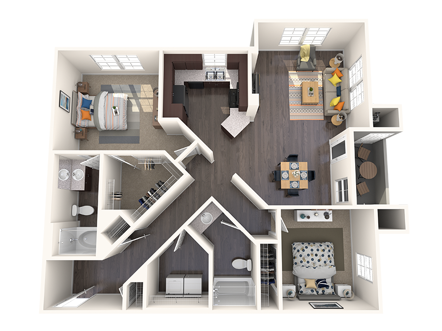 Floor plan for 2 beds, 2 baths, 1157 sqft