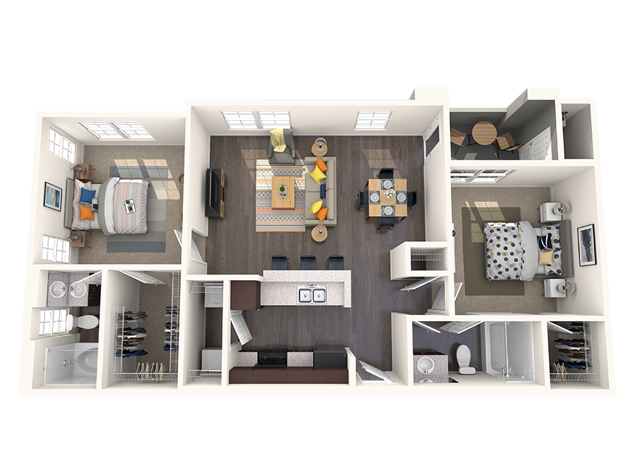 Floor plan for 2 beds, 2 baths, 971 sqft
