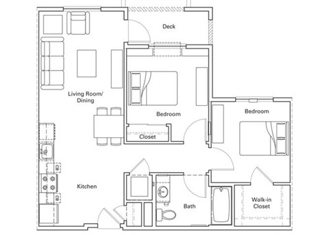 Floor plan for 2 beds, 1 bath