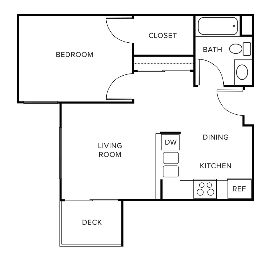 Floor plan for 1 bed, 1 bath, 537 sqft