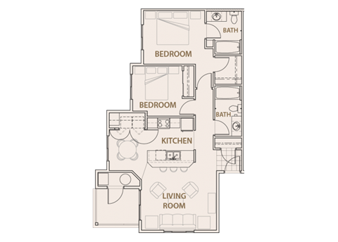 Floor plan for 2 beds, 2 baths, 937 sqft