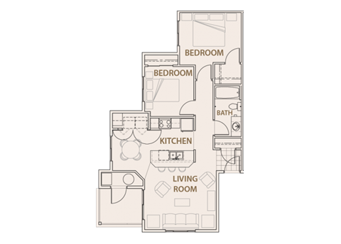 Floor plan for 2 beds, 1 bath, 866 sqft