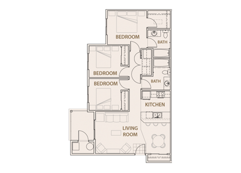 Floor plan for 3 beds, 2 baths, 1107 sqft