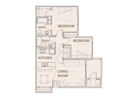 Floor plan for 2 beds, 2 baths, 965 sqft