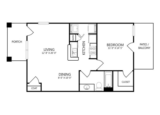 Floor plan for 1 bed, 1 bath, 677 sqft