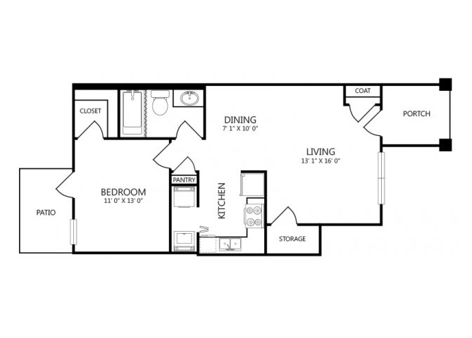Floor plan for 1 bed, 1 bath, 694 sqft
