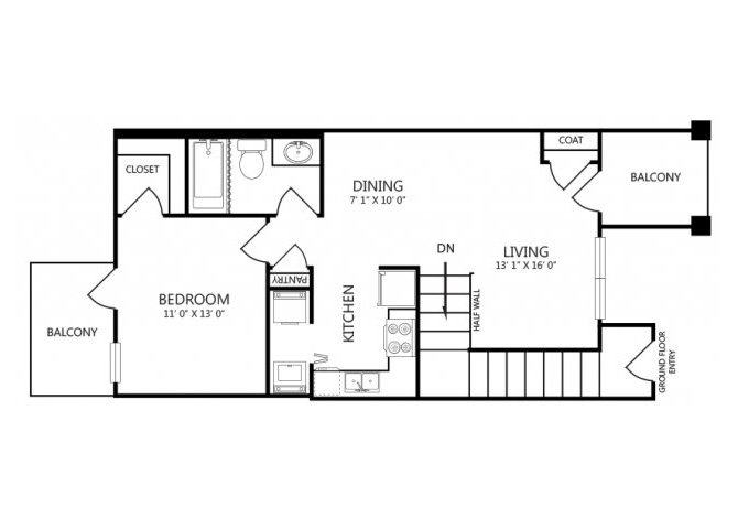 Floor plan for 1 bed, 1 bath, 712 sqft