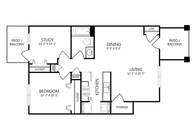 Floor plan for 1 bed, 1 bath, 825 sqft