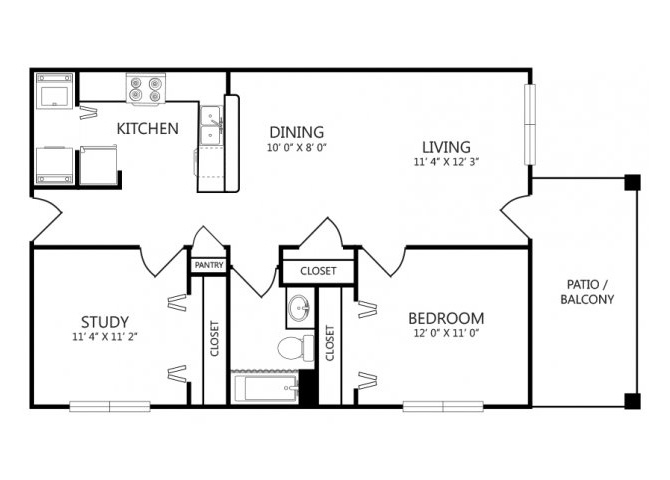 Floor plan for 2 beds, 1 bath, 871 sqft