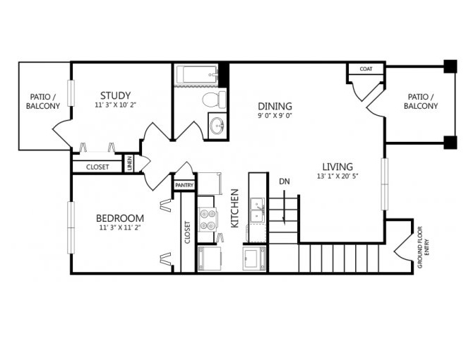 Floor plan for 2 beds, 1 bath, 871 sqft