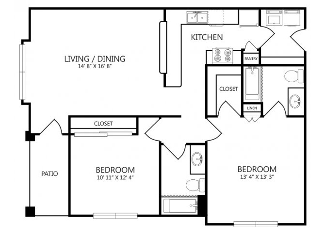 Floor plan for 2 beds, 2 baths, 1022 sqft