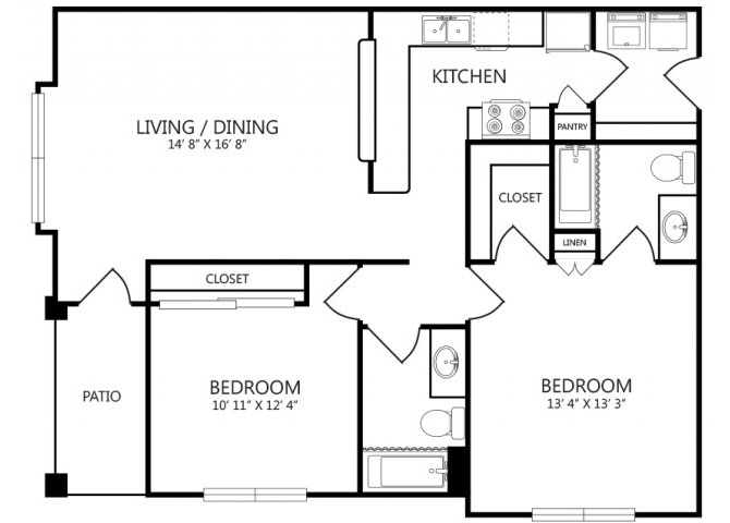 Floor plan for 2 beds, 2 baths, 1040 sqft