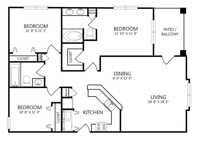 Floor plan for 3 beds, 2 baths, 1265 sqft