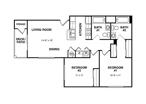Floor plan for 2 beds, 2 baths, 917 sqft