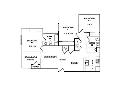 Floor plan for 3 beds, 2 baths, 1095 sqft