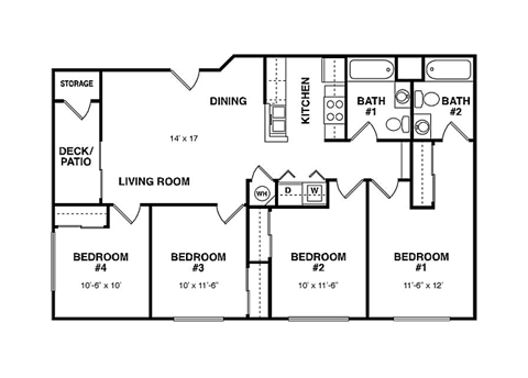 Floor plan for 4 beds, 2 baths, 1159 sqft