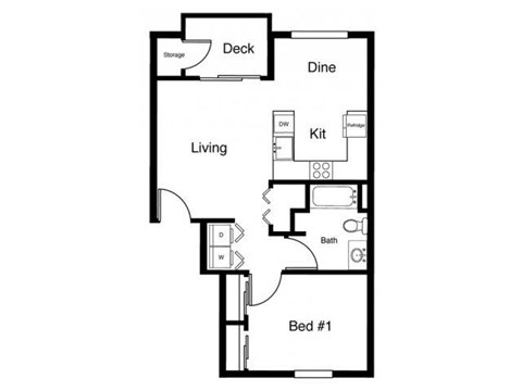 Floor plan for 1 bed, 1 bath, 653 sqft