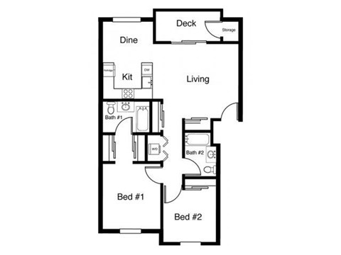 Floor plan for 2 beds, 2 baths, 969 sqft